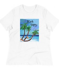 Beach Happy tropical palm tree with mermaid in hammock Women's Relaxed T-Shirt V