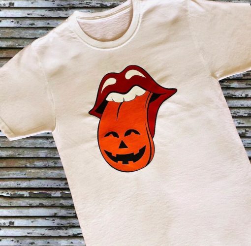 Halloween Pumpkin Tongue Rolling Stones white T-shirt