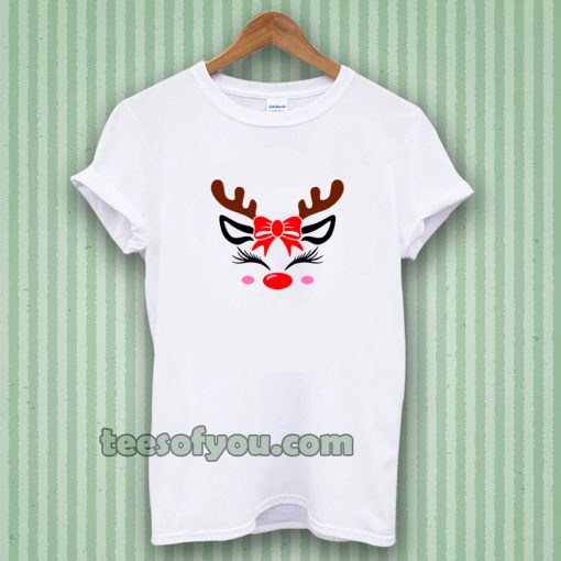 Christmas Reindeer Bow Holly Face T-shirt