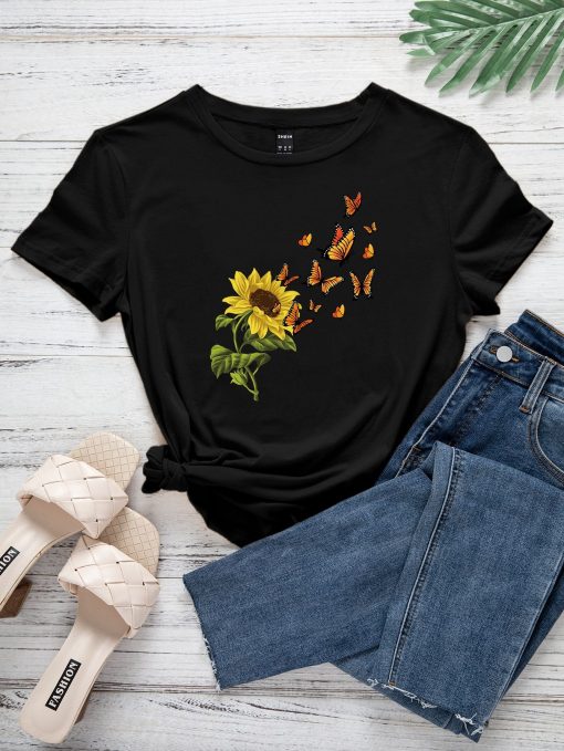 Sunflower And Butterfly Print Tee TPKJ3