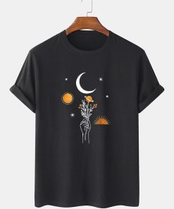 Moon Flowers Print Solid Breathable Loose T-Shirt TPKJ3