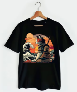 Retro samurai Cat With Wave T-shirt HR